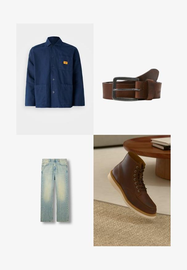 Veste en coton bleu marine avec un col pointu, des boutons à l'avant, deux grandes poches et une petite étiquette jaune sur la poitrine.; Jeans en denim bleu clair à jambes droites avec décoloration sur les cuisses, style classique à cinq poches et passants pour ceinture, présentés sur un fond blanc.; Bottine en cuir marron avec semelle beige sur un tapis beige texturé à côté d'une table ronde en bois avec des livres empilés.; Ceinture en cuir marron avec une boucle en métal brossé, elle présente une texture lisse et un design classique. La sangle s'amincit vers l'extrémité.