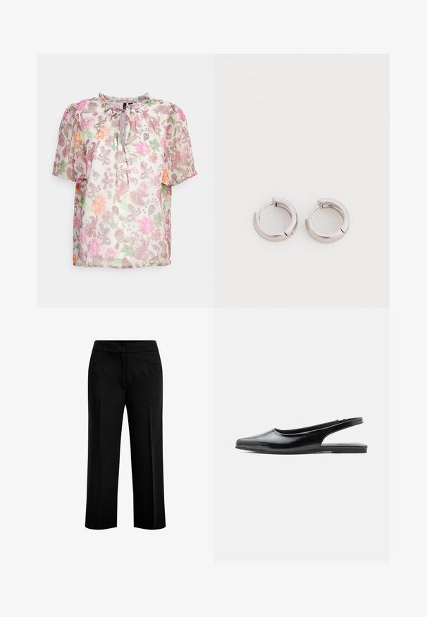 Vero Moda Petite VMSILO - T-shirts print - birch/silo; Sorte, brede bukser lavet af et glat stof med to forlommer og en flad talje. Skræddersyet design med en ren silhuet.; Sort laklæder flad slingback-sko med spids tå og lav hæl på hvid baggrund.; Sølvfarvede metal hoops med en rund form og en poleret finish. Hver ørering har en hængslet lås for sikker bæring.