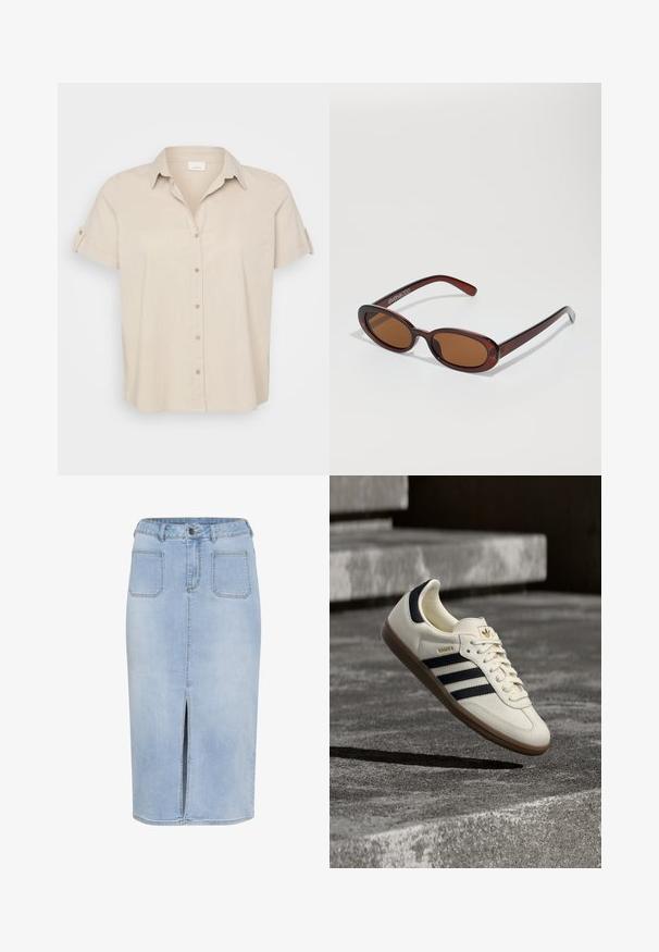 Beige kortærmet skjorte med spids krave, frontåbning med knapper og oprullede ærmer. Lavet af et let, tekstureret stof.; Lys blå denim midi-nederdel med en forkortet slids, fem lommer og en tætsiddende talje med bæltestropper og knaplukning.; Hvid Adidas Samba sneaker med sorte striber og gummsål, svævende over teksturerede grå betonstrin.; Runde, bruntonede solbriller med en glansfuld bordeauxramme. Slanke arme med diskret brandingdetalje. Flad linsedesign.