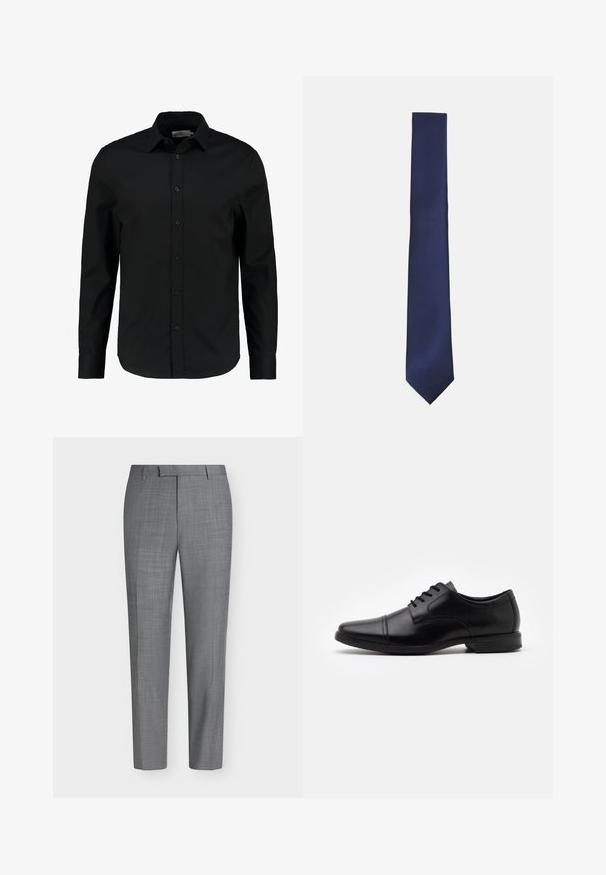 Chemise noire à manches longues en tissu lisse, dotée d'un devant à boutons, d'un col pointu et d'une coupe ajustée avec un ourlet courbé.; Pantalon habillé gris slim fit avec un motif à carreaux subtil, passants de ceinture et une coupe plate à l'avant sur fond blanc uni.; Chaussure habillée en cuir noir avec un bout pointu, un design à lacets, des détails de couture subtils et une semelle en caoutchouc texturée, basse.; Cravate marine présentant un motif texturé à rayures diagonales. Le design est slim avec une pointe élégante, fabriqué en matière tissée lisse.