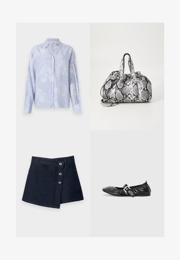 Langærmet skjorte med knapper, blå og hvide lodrette striber samt hvide blomsterprint, med spids krave og omsyede ærmer.; Mørkeblå denim mininederdel med asymmetrisk front, sølvfarvede knapper, bæltestropper og forlommer på ensfarvet baggrund.; Sorte læder flade sko med spids tå, samling detaljer omkring åbningen, og en sølv spænde accent på den justerbare rem.; Håndtaske med sort og hvid slidmønster, to håndtag, snøre lukning og aftagelig skulderrem. Glat tekstur.