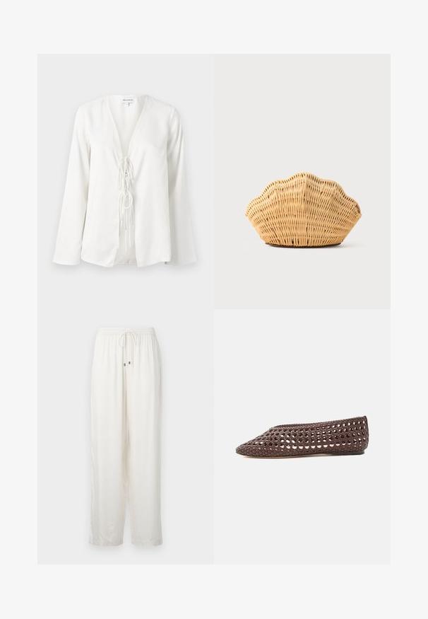 Blouse blanche avec un décolleté en V profond, des manches longues et un détail de nouage à l'avant. Fabriquée en tissu léger et lisse avec une coupe décontractée.; Pantalons blancs légers et amples avec une taille élastique et un cordon de serrage. Présente un subtil éclat et un design à jambe droite.; Chaussure plate marron avec un motif ajouré tissé et un bout rond fermé, vue de profil sur un fond clair.; Sac à main en rotin tissé en forme de coquille Saint-Jacques de couleur brun clair naturel avec des bords arrondis et texturés.