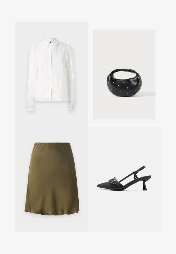 Pieces PCJALA SHIRT - Overhemdblouse - cloud dancer; Olijfgroene satijnen rok met een elastische tailleband, uitlopende stijl en zijsplit. Gladde textuur en knielange snit.; Simmi London DALA - Klassieke pumps - black; Zwarte leren handtas met een afgeronde vorm, versierd met zilveren studs, en een korte handgreep. Gladde textuur en ritsluiting.