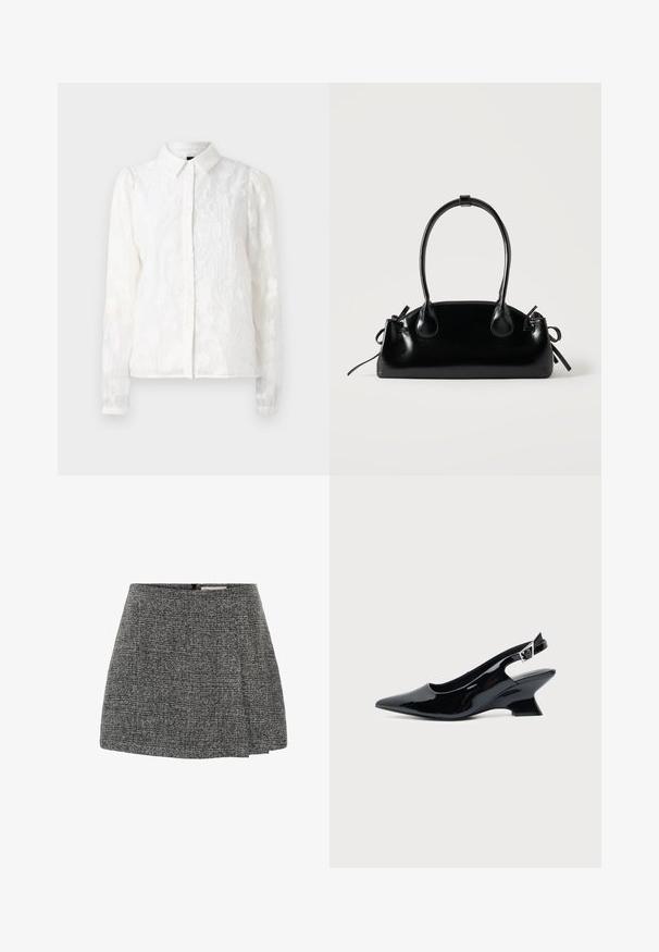 Pieces PCJALA SHIRT - Chemisier - cloud dancer; Jupe grise texturée avec un design plissé, munie d'une fermeture éclair à l'arrière. Le matériau présente un motif tissé, créant un léger effet de profondeur.; Chaussure slingback en cuir verni noir avec bout pointu et petit talon bloc incliné sur fond clair uni.; Petit sac à main noir brillant avec deux longues anses et des détails à cordon sur les côtés sur un fond clair uni.