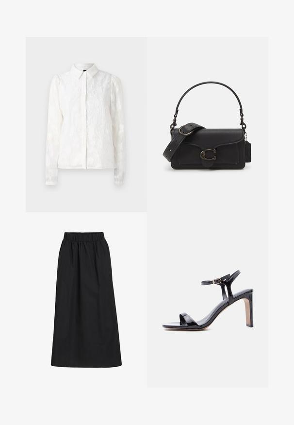 Pieces PCJALA SHIRT - Nööpidega pluus - cloud dancer; Must mustefaldi, põlveliige seelik, mis on valmistatud pehmest ja kergest kangast. Omab elastset vöökohta ja lihtsat, voolavat disaini ilma kaunistusteta.; Mustast lakknahast kõrge kontsaga sandaal pahkluusanga ja kuldse pandlaga, avatud varba ja ruudukujulise taldiga.; Mustast nahast ülekandekott tekstureeritud pinnaga, reguleeritava rihmaga ja hõbedaste detailidega. Omab esist flap-i, millel on klipsi lukustus.