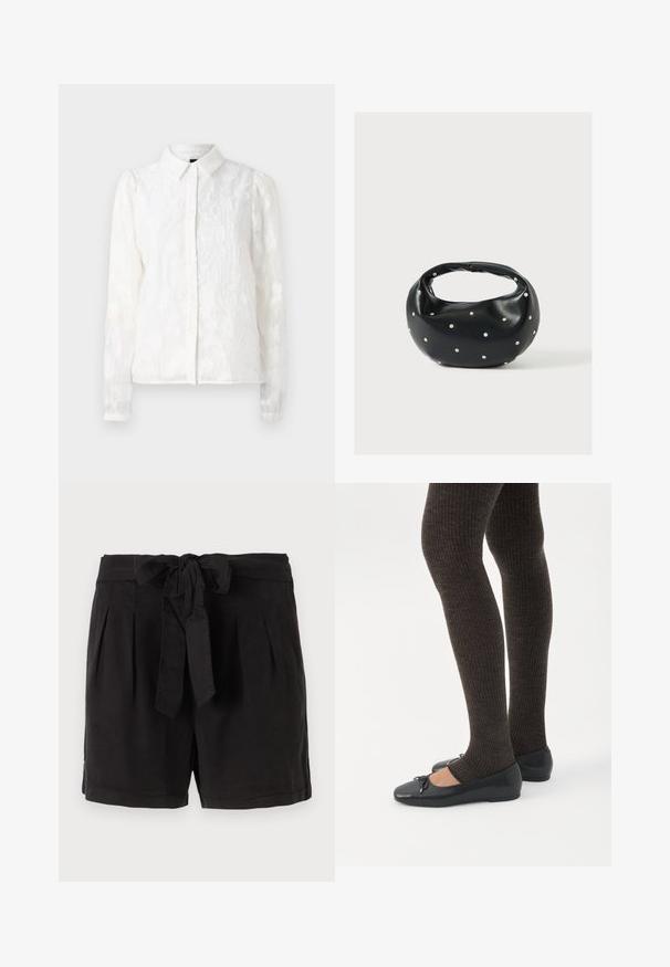 Pieces PCJALA SHIRT - Skjortebluser - cloud dancer; Sorte bomuldsshorts med bindebælte i taljen, plisséer foran og sidelommer. Glat tekstur og afslappet design.; Ben iført mørke ribbede leggings kombineret med sorte balletsko med små sløjfedetaljer på hvid baggrund.; Sort læderhåndtaske med en rundet form, dekoreret med sølvnitter, og et kort håndtag. Glat tekstur og lynlåslukning.