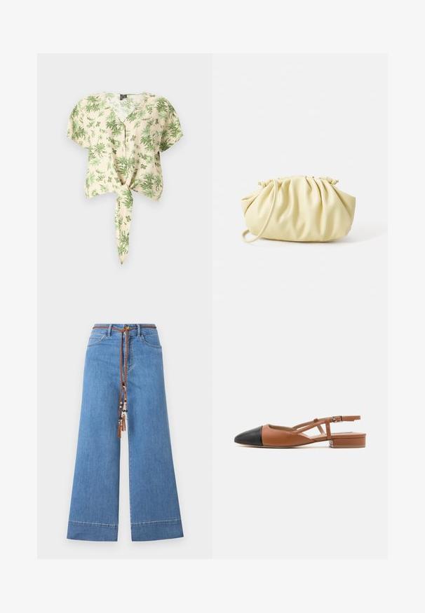 Chemise à manches courtes, beige avec des motifs de feuilles vertes, dotée d'un devant boutonné et d'un détail de ourlet noué. Fabriquée en tissu léger.; Jeans en denim large bleu clair avec une taille à cordon tressé marron, ornés de perles décoratives et d'un design traditionnel à cinq poches.; Steve Madden BELINDA - Ballerines à brides arrière - brown/black; Sac à main plissé jaune en simili cuir lisse, arborant une forme douce avec une bandoulière unique et un design froncé sur le dessus.