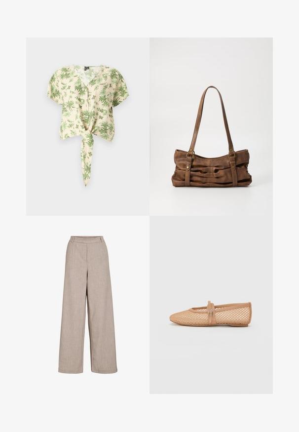 Chemise à manches courtes, beige avec des motifs de feuilles vertes, dotée d'un devant boutonné et d'un détail de ourlet noué. Fabriquée en tissu léger.; Pantalons larges beige en tissu léger. Présentent une texture lisse, une taille ajustée et des poches latérales pour un détail fonctionnel.; Ballerines en mesh nude avec un bout pointu, un talon fermé, et une sangle décorative avec une boucle sur le cou-de-pied. Surface texturée.; Even&Odd Sac à main - brown