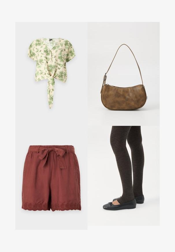 Kortærmet, beige skjorte med grønne bladmønstre, der har knaplukning foran og bunddetalje med knude. Fremstillet af letvægtsstof.; Rustrøde shorts lavet af letvægtsstof, med en elastisk talje og snøring samt detaljeret bølget broderi ved kanten.; Ben iført mørke ribbede leggings kombineret med sorte balletsko med små sløjfedetaljer på hvid baggrund.; Brun faux læder skuldertaske med en buet form, en enkelt strop, kontrasterende syninger og en lynlåslukning langs den øverste kant.