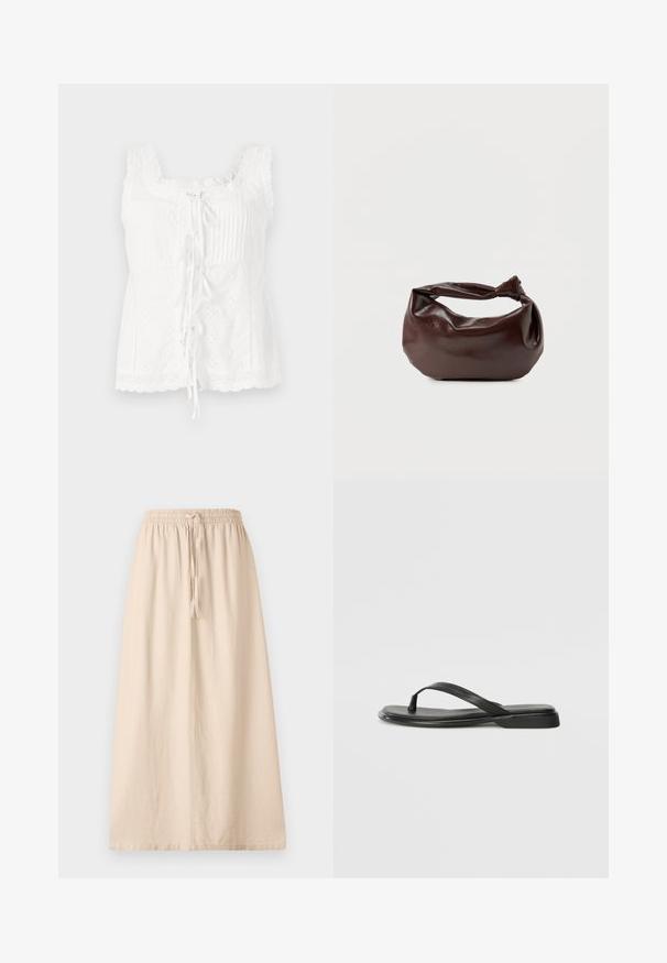 Haut sans manches blanc avec des plis, une bordure en dentelle et un nœud à l'avant. Le tissu présente des détails brodés et un ourlet festonné.; Jupe beige longueur cheville en tissu léger avec une taille élastique et un lien ajustable. Présente une silhouette droite et décontractée.; Tongs noires en cuir lisse, avec un design de sangle fine et une semelle plate à profil minimal. Aucun motif ou accent notables.; Sac bandoulière en cuir marron foncé avec une forme souple et décontractée et une anse nouée torsadée sur un fond blanc uni.