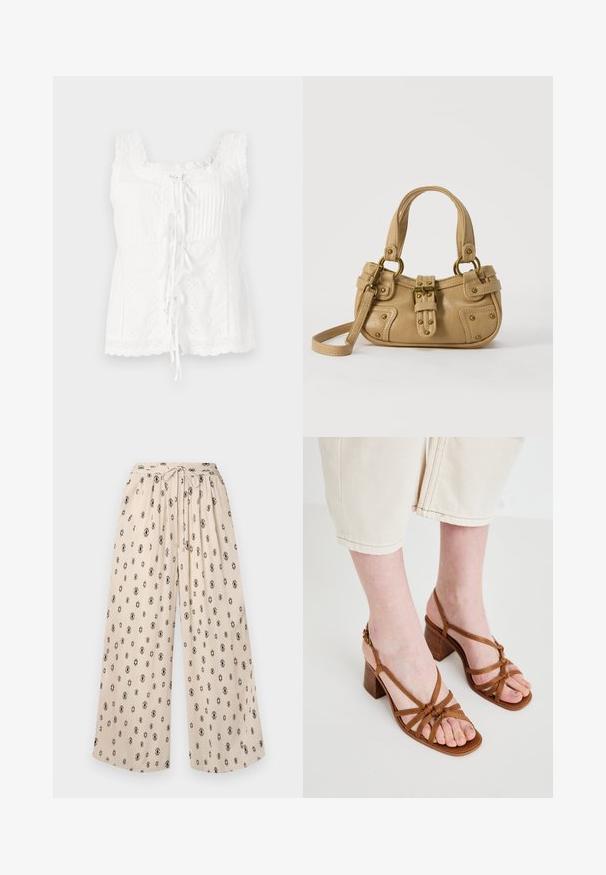 Weißes ärmelloses Top mit Falten, Spitzenbesatz und Krawattenverschluss. Der Stoff hat gestickte Details und einen gewellten Saum.; Beige weit geschnittene Hose mit Bund zum Binden, die ein schwarzes Rauten-Muster aufweist. Hergestellt aus leichtem Stoff für besonderen Komfort.; Braune Riemchen-High-Heelsandalen mit einem klobigen Absatz, ausgestattet mit geknoteten Riemen und einem offenen Zehendesign. Texturierte Sohle und verstellbarer Knöchelriemen.; Beige Lederhandtasche mit doppelten Griffen, Messingschnalle und Nieten, sowie verstellbarem Schultergurt vor weißem Hintergrund.