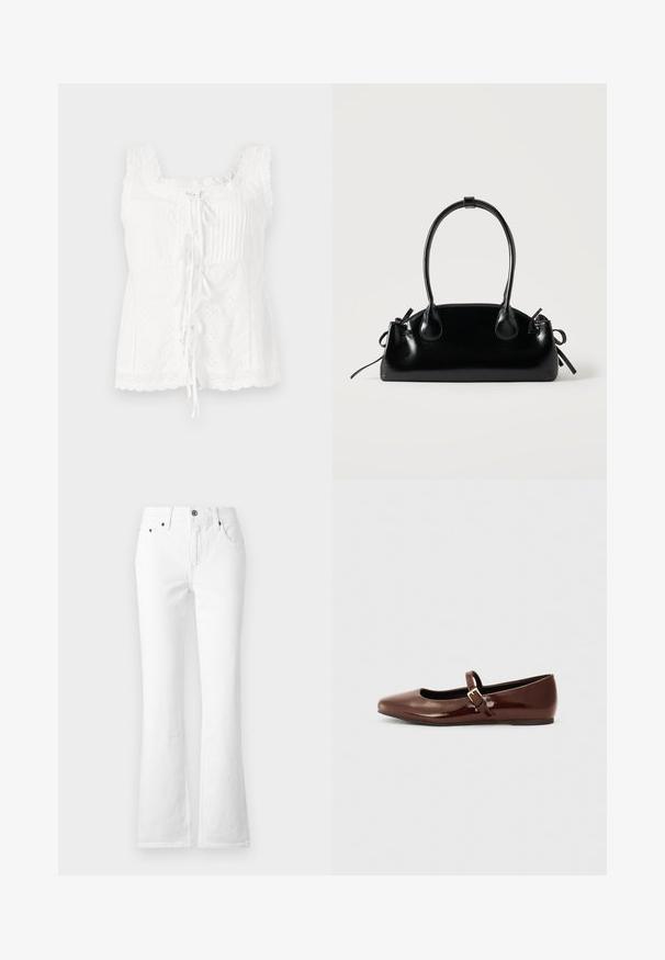 Witte mouwloze top met plooien, kant trim en een strik aan de voorkant. De stof heeft geborduurd detail en een gegolfde zoom.; Witte denim flared jeans met een hoge taille, vijf zakken en een knoopsluiting. De stof heeft een gladde textuur met zichtbare stiksels.; Bruine gepatineerde leren balletschoen met een vierkante neus en een bandje met een kleine gouden gesp. Gladde textuur, lage hak en minimalistisch ontwerp.; Kleine zwarte glanzende handtas met twee lange hengsels en zijkant trekkoord details op een effen lichte achtergrond.