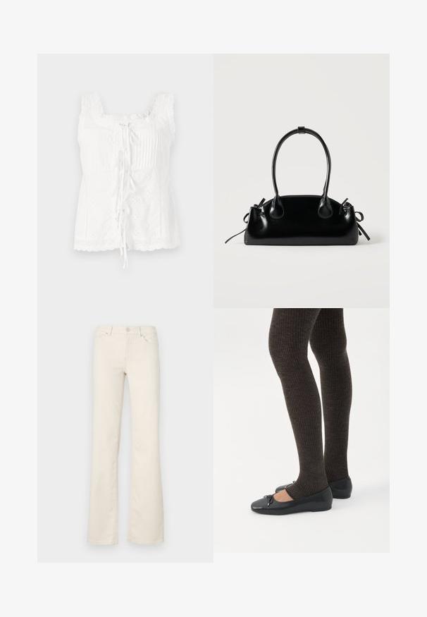 Haut sans manches blanc avec des plis, une bordure en dentelle et un nœud à l'avant. Le tissu présente des détails brodés et un ourlet festonné.; Pantalons beiges évasés en mélange de coton, dotés de poches standard, d'une fermeture à bouton sur le devant et de détails de couture le long des coutures.; Jambes portant des leggings côtelés foncés associés à des ballerines noires avec de petits détails en nœud sur fond blanc.; Petit sac à main noir brillant avec deux longues anses et des détails à cordon sur les côtés sur un fond clair uni.