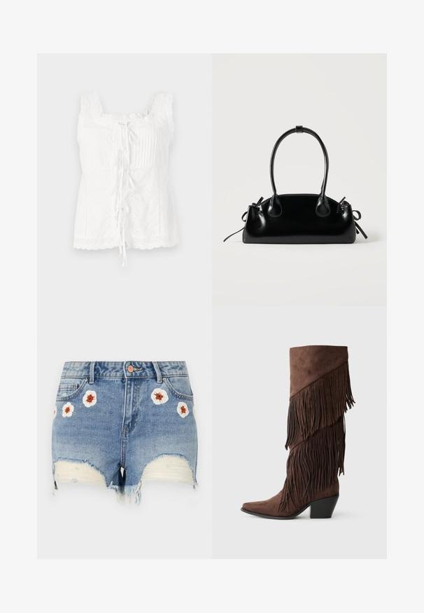 Haut sans manches blanc avec des plis, une bordure en dentelle et un nœud à l'avant. Le tissu présente des détails brodés et un ourlet festonné.; Shorts en denim avec un ourlet effiloché, de couleur bleu clair, ornés de broderies florales blanches et brunes sur le devant. Design à cinq poches.; Botte en daim marron jusqu'au genou avec des franges superposées, bout pointu et talon carré. Texture lisse avec un riche contraste de couleurs.; Petit sac à main noir brillant avec deux longues anses et des détails à cordon sur les côtés sur un fond clair uni.