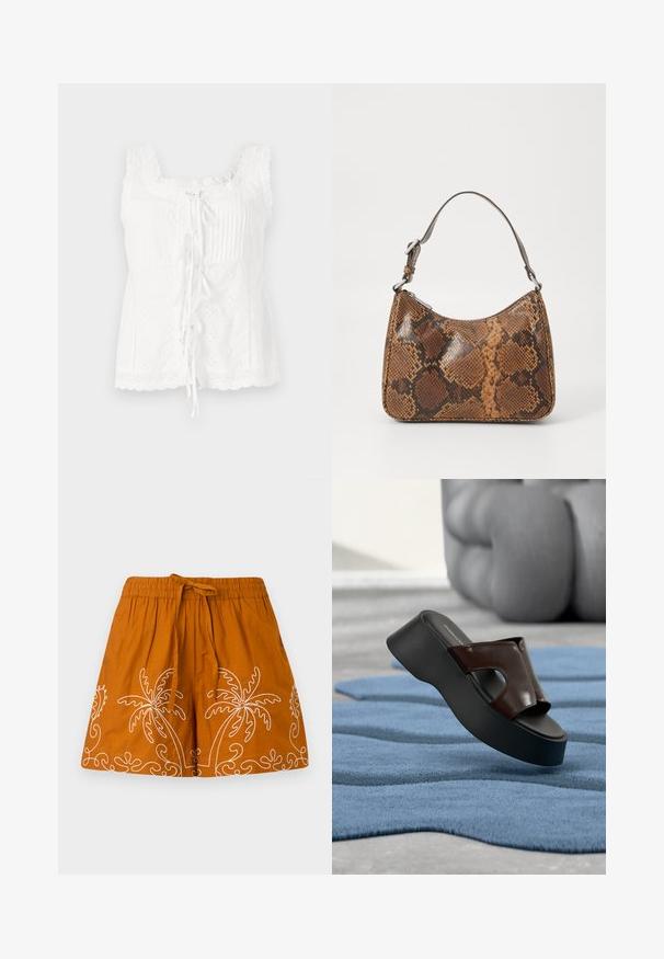 Haut sans manches blanc avec des plis, une bordure en dentelle et un nœud à l'avant. Le tissu présente des détails brodés et un ourlet festonné.; Jupe en coton orange avec une taille élastique, ornée de designs de palmiers brodés en blanc et de motifs décoratifs en spirale le long de l'ourlet.; Sandale plateforme noire avec dessus en cuir marron foncé et détail ajouré, posée sur un tapis bleu texturé, avec une chaise sculpturale en arrière-plan.; Petit sac à main avec un motif en peau de serpent marron et noir, courroie courte et ajustable, et fermeture éclair.