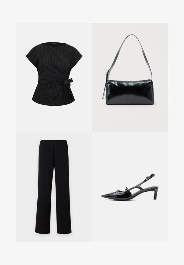 Sort bluse med korte ærmer, tynde hvide nålestriber og knude i siden ved taljen, rund halsudskæring og løs pasform.; Sorte brede bukser med elastisk talje, lavet af et glat stof, med et rent, minimalistisk design uden udsmykninger.; Sort laklæder spids tå slingback sko med lav hæl og to justerbare spænder, vist i sideprofil.; Sort rektangulær skuldertaske med en enkelt justerbar rem og lynlås i toppen på en ensfarvet baggrund.