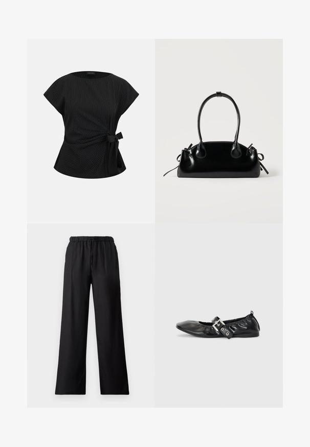 Blusa negra de manga corta con finas rayas blancas y un nudo lateral atado en la cintura, escote redondo y corte holgado.; Pantalones de pierna ancha negros, elaborados con un tejido ligero, que cuentan con una cinturilla elástica con cordón y una textura suave.; Zapato plano de piel negra con puntera afilada, detalle fruncido alrededor de la abertura y un acento de hebilla plateada en la correa ajustable.; Pequeño bolso negro brillante con dos asas largas y detalles de cordón lateral sobre un fondo claro liso.