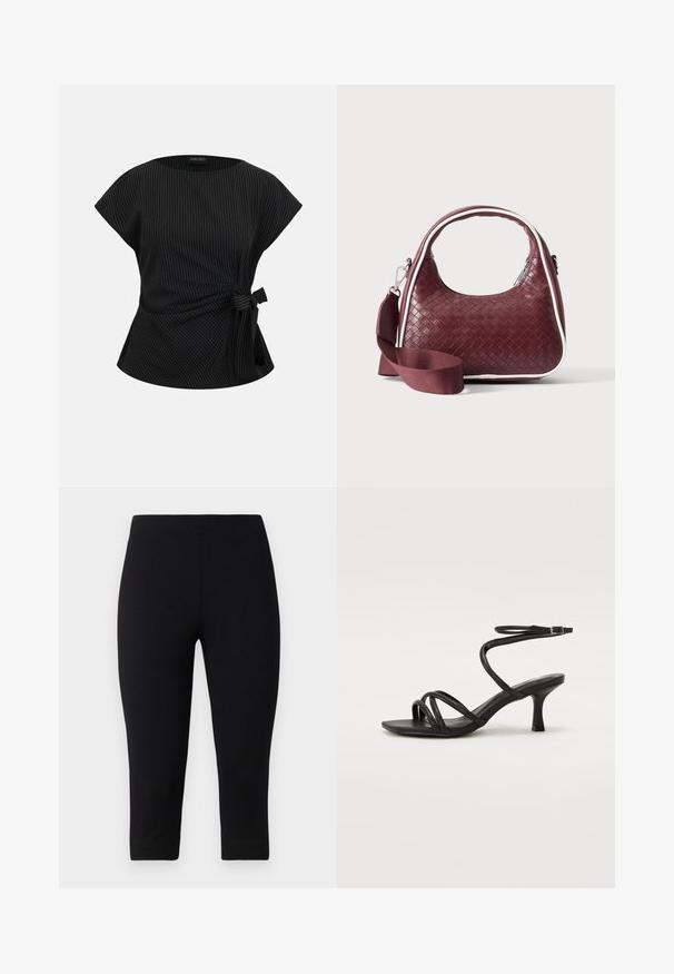 Blouse noire à manches courtes avec fines rayures blanches et nœud noué sur le côté à la taille, encolure ronde et coupe décontractée.; Leggings capri noirs en tissu extensible, offrant une coupe ajustée et une texture lisse, sans motifs ni accents visibles.; Even&Odd Wide Fit by Zalando Sandales - black; Sac à main en cuir tressé marron foncé avec poignée courbée, garniture blanche, fermeture éclair argentée et bandoulière large en tissu amovible sur fond uni.