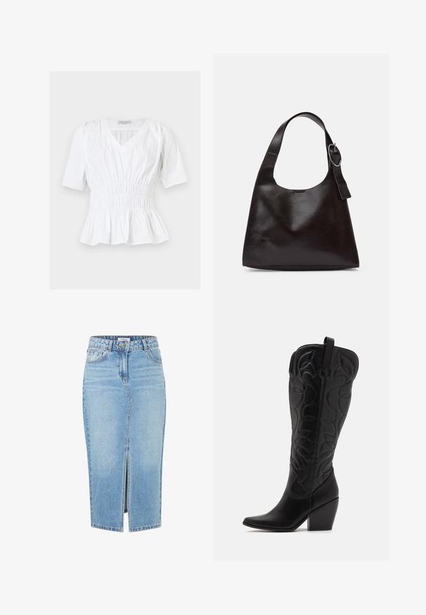 Hvid kortærmet bluse med V-hals, elastisk talje med rynker, let puf ved skuldrene og peplumkant, lagt fladt på en lys baggrund.; Lyseblå denimnederdel med lige snit, frontslids, bæltesløjfer og knaplukning i toppen. Har klassisk syning og lommer.; Sorte knæhøje støvler i læder med spids snude og lagdelt hæl. Har dekorative syninger og buede designelementer.; Brun læder skuldertaske med en glat tekstur, rund form, bred rem og cirkulært metalaccent på håndtaget.