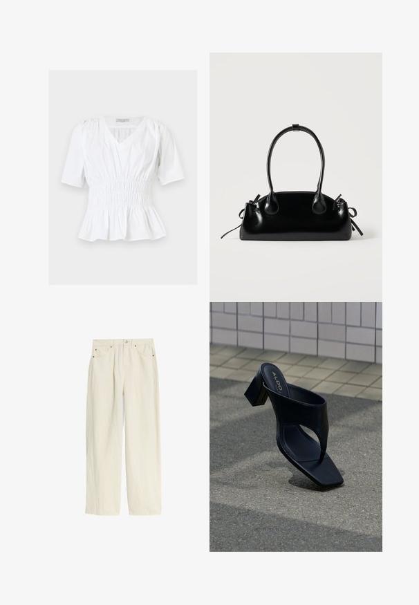 Blouse blanche à manches courtes avec col en V, taille élastique froncée, épaules légèrement bouffantes et ourlet péplum, posée à plat sur un fond clair.; Pantalon large en crème clair fabriqué à partir d'un tissu texturé. Présente une fermeture à bouton, des rivets de couleur cuivrée et quatre poches.; Sandale à talon noire avec bout carré et large bride, posée sur un bitume gris près d'un mur carrelé.; Petit sac à main noir brillant avec deux longues anses et des détails à cordon sur les côtés sur un fond clair uni.