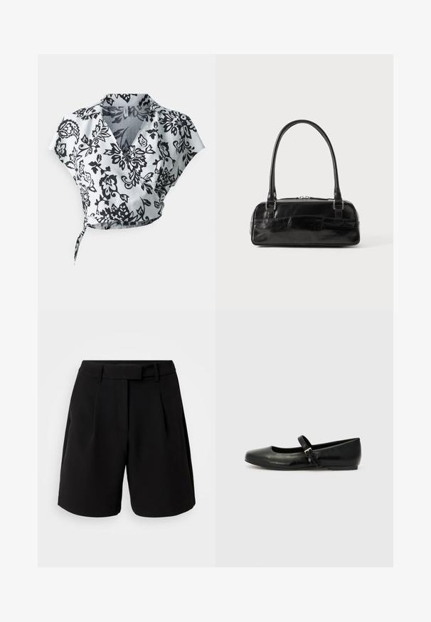 Sort og hvid, blomstermønstret, cropped wrap-top med korte ærmer og v-halsudskæring, lavet af letvægtsstof. Har en knytelukning.; Sorte skræddersyede shorts lavet af glat stof, med høj talje, folder, bæltestropper og sidelommer, med et rent design.; Sorte læder balletflade med rund tå, flad sål og en tynd justerbar rem over svangen med en metalspænde.; Sort læderhåndtaske med rektangulær form, der har et enkelt struktureret håndtag, sølvhardware og lynlås-lukning. Glat tekstur.