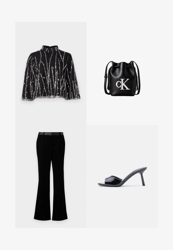 Top corto negro de cuello alto, con líneas verticales de lentejuelas plateadas, mangas transparentes y tejido texturizado.; Pantalones acampanados negros de tela suave. Presentan una cinturilla plana con un acabado brillante. Diseño ajustado con dos bolsillos frontales.; Sandalias de tacón con punta abierta de charol negro, con un diseño superior curvado y tacón de aguja cónico. Acabado liso y brillante.; Bolso tipo bucket de cuero negro con cierre de cordón en la parte superior y logotipo blanco "cK" en la parte frontal, con una correa de hombro ajustable.