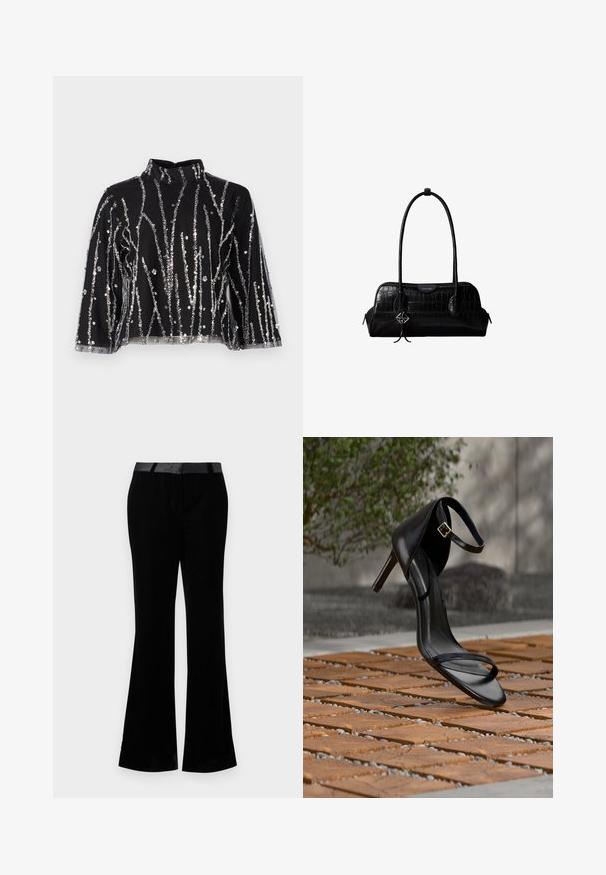 Čierny crop top s vysokým golierom, ktorý má vertikálne strieborné trblietavé prúžky, priesvitné rukávy a textúrovanú látku.; Čierne rozšírené nohavice vyrobené z hladkej látky. Má plochý pás s lesklým povrchom. Prispôsobený strih s dvomi prednými vreckami.; Čierna sandála na vysokom podpätku s remienkom okolo členka sa zdá byť zavesená nad drevenou dlažbou vonku s rozmazaným zeleným porastom a kamenným pozadím.; Čierna kožená kabelka na rameno s krokodílou štruktúrou, dlhými remienkami a malým strieborným príveskom s logom na jednom remienku.