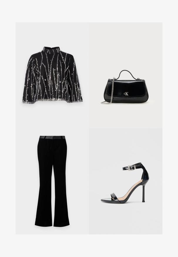 Top corto negro de cuello alto, con líneas verticales de lentejuelas plateadas, mangas transparentes y tejido texturizado.; Pantalones acampanados negros de tela suave. Presentan una cinturilla plana con un acabado brillante. Diseño ajustado con dos bolsillos frontales.; Sandalia de tacón alto en piel sintética negra con correa en el tobillo. Presenta un diseño minimalista, punta abierta y una hebilla con detalles de pedrería.; Bolso de mano de cuero negro con correa de cadena, forma estructurada y un acento de logo plateado. Textura suave con cierre de solapa.