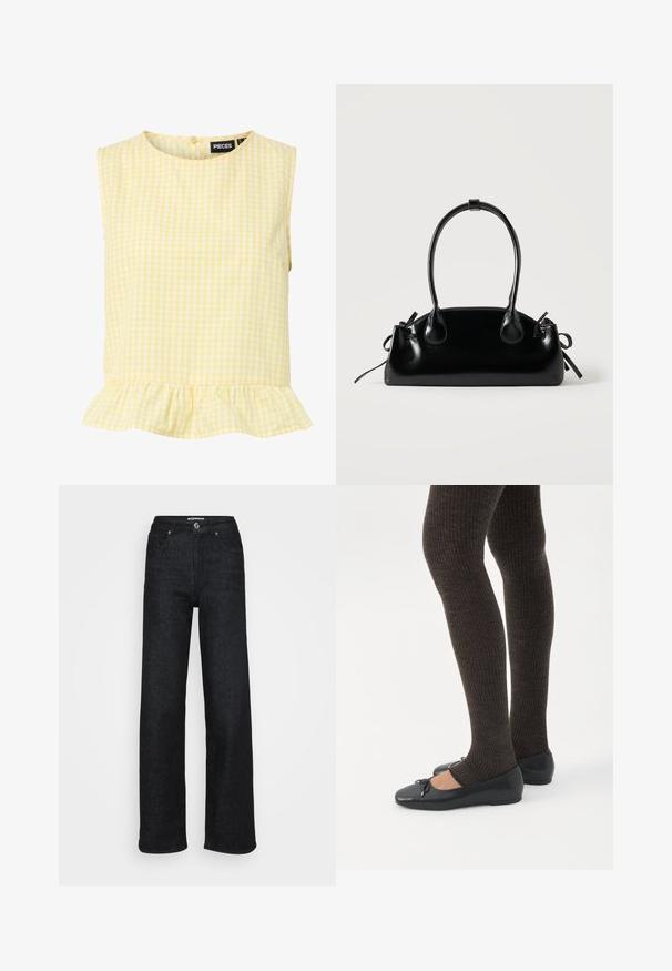 Ærmeløs gul og hvid ternet bluse med rund halsudskæring, knap i ryggen, flæsekant og mærket PIECES indeni kraven.; Bredde ben sorte denimjeans med høj talje, forsynet med en frontlukning med knap, fem lommer og en glat tekstur.; Ben iført mørke ribbede leggings kombineret med sorte balletsko med små sløjfedetaljer på hvid baggrund.; Lille sort blank håndtaske med to lange håndtag og snøre-detaljer i siden på en ensfarvet lys baggrund.