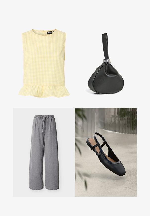 Blouse sans manches à carreaux jaunes et blancs, avec encolure ronde, bouton au dos, ourlet à volants et étiquette PIECES à l'intérieur du col.; Pantalon gris en jean à jambes larges avec taille élastique et cordon de serrage, présenté à plat sur un fond blanc.; Chaussure plate slingback en cuir noir avec un orteil carré, dotée d'un fini verni brillant et de sangles ajustables pour un maintien sécurisé.; Sac bracelet en cuir noir avec une forme triangulaire douce et une large sangle attachée par une boucle en métal argenté.