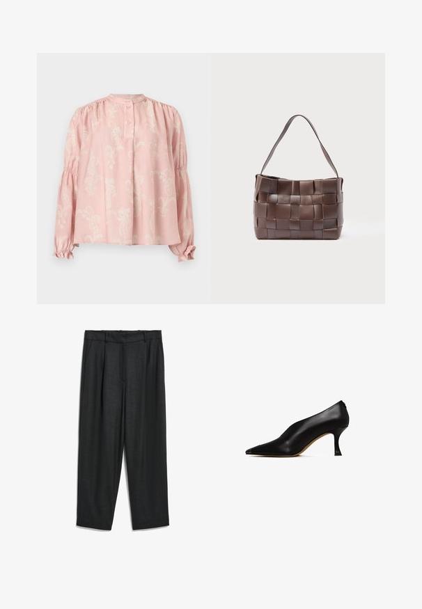 Blusa de manga larga rosa claro con sutil patrón de paisley floral blanco, cuello abotonado, hombros fruncidos y puños elásticos con volantes.; Pantalones negros a medida con un corte relajado, hechos de una tela suave, con bolsillos frontales y un sutil patrón texturizado.; Zapato de tacón alto de cuero negro con punta afilada y un tacón delgado y curvado. Presenta una textura suave y un diseño minimalista.; Bolso de hombro de cuero marrón con amplias tiras tejidas formando un patrón cuadriculado y una sola correa plana.