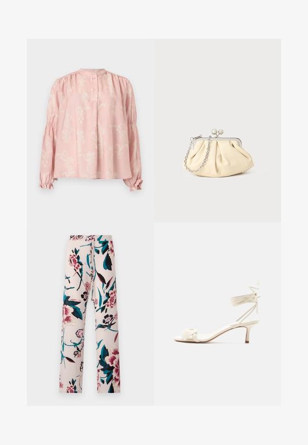 Lyserød langærmet bluse med subtilt hvidt blomster-paisley mønster, knaplukket krave, samlet skulder og flæset elastisk manchet.; Diane von Furstenberg DIANE PANT - Bukser - light pink; Kremfarvet sandal med lave hæle, bindebånd om anklen og en bred snoet rem over tæerne på en ensartet hvid baggrund.; Plisseret beige læderclutch med en sølvmetalramme, der har to runde dekorative låse og en sølvkædetrasporte.