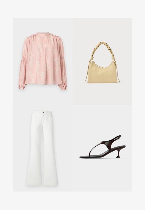 Blouse rose clair à manches longues avec un motif paisley floral blanc subtil, col boutonné, épaules froncées et poignets élastiques à volants.; Pantalon évasé blanc en tissu tissé, avec une ceinture tressée, deux poches avant et une texture lisse. Fermé avec un bouton noir.; Sandale slingback en cuir verni marron foncé avec petit talon et bride entre les orteils sur fond blanc.; Sac à main en cuir beige avec un design à rayures verticales texturées, une poignée tressée et des accents métalliques dorés.