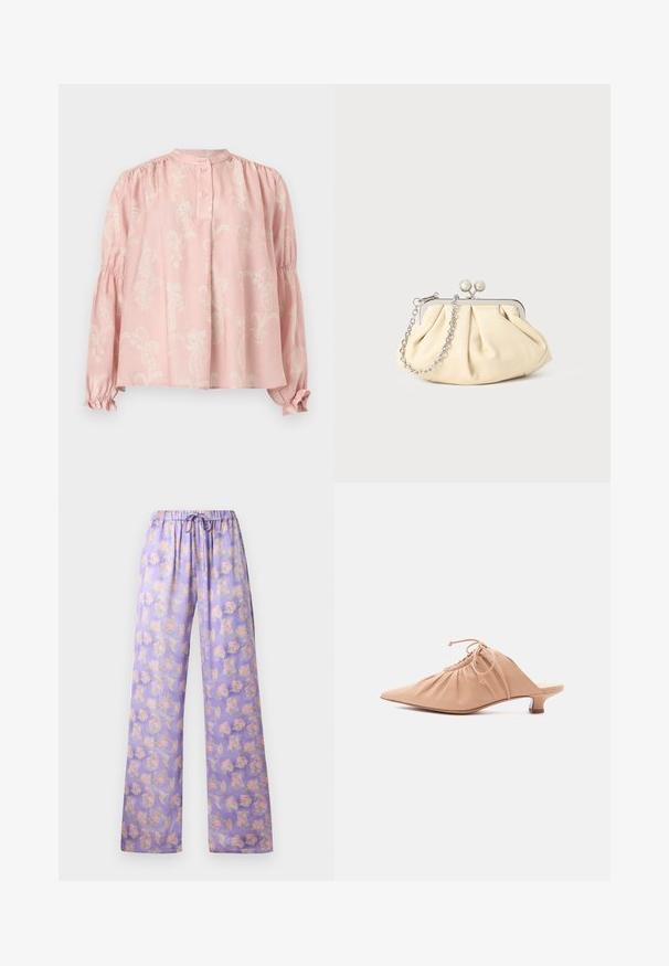Lyserød langærmet bluse med subtilt hvidt blomster-paisley mønster, knaplukket krave, samlet skulder og flæset elastisk manchet.; Lyslilla blomstrede bukser med elastisk talje og snor. Har et blødt stof, vidde ben-design og et mønster af pink og grønne blomster.; Beige dames mule i læder med spids tå, rynket overdel, snøre og lav kittenhæl på hvid baggrund.; Plisseret beige læderclutch med en sølvmetalramme, der har to runde dekorative låse og en sølvkædetrasporte.