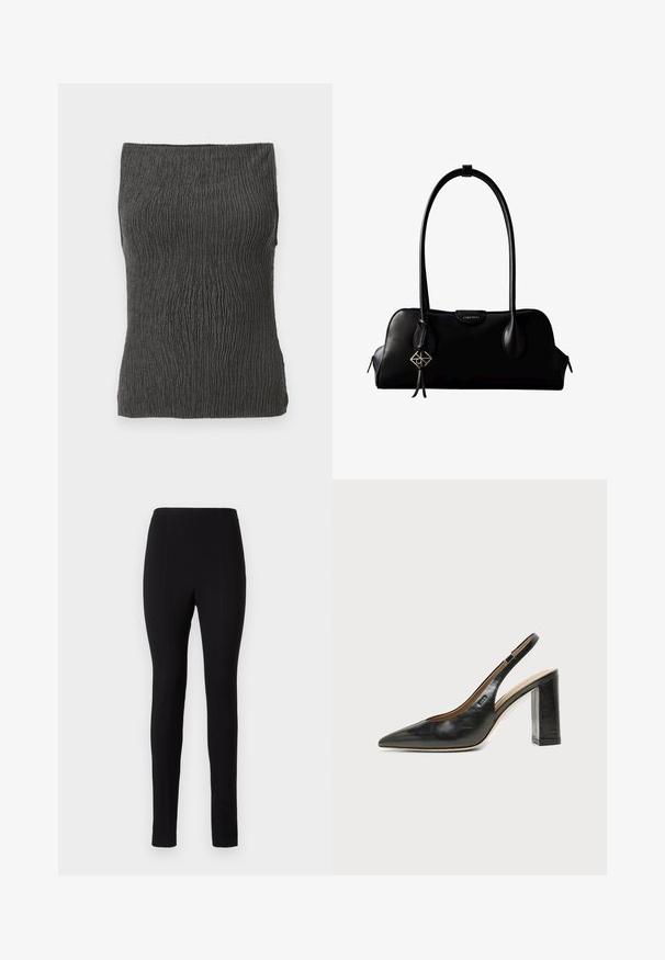 Dunkelgraues, geripptes, ärmelloses Tubetop mit dehnbarem Material, flach vor einem weißen Hintergrund dargestellt.; Schwarze Leggings mit einer engen Passform, glatter Textur und vertikalen Nähdetails an den Beinen. Keine sichtbaren Taschen oder Verzierungen.; Schwarzer Leder-Slingback-Schuh mit spitzer Kappe, hohem Blockabsatz und beigegefüttertem Innenraum vor hellem, einfarbigem Hintergrund.; Schwarze Lederhandtasche von Calvin Klein mit langen Henkeln, einem vorderen Logo-Tag und einem silbernen geometrischen Anhänger, der an einem Henkel hängt.