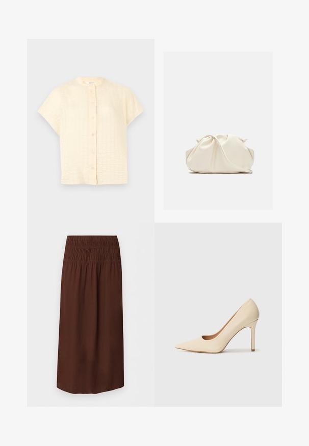 Blouse à manches courtes de couleur crème avec un motif à carreaux texturé et une fermeture à boutons sur le devant.; Jupe midi marron foncé avec taille élastiquée froncée et silhouette droite sur fond uni.; Escarpin en cuir beige à talon haut avec un bout pointu et un détail découpé sur le côté, possédant un talon stiletto fin pour le soutien.; Pochette en cuir souple couleur crème avec un design froncé et une fine bandoulière reposant à l’avant sur un fond uni.