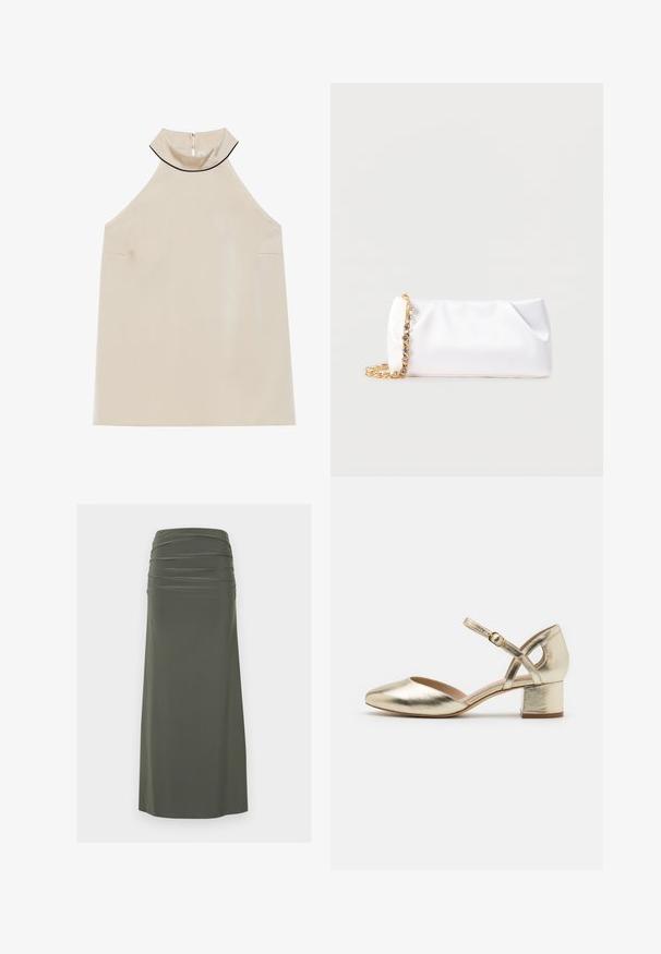 Beige mouwloze haltertop van gladde stof met een hoge kraag en een rits aan de achterkant, met een minimalistisch ontwerp en geen zichtbare patronen.; Olijfgroene, enkellange rok met een gerimpelde tailleband en gladde stof die doorloopt tot aan de zoom.; Gouden metallic hakken met een ronde neus, enkelband en blokk Hak. Gladde textuur met een glanzende afwerking en een kruisbandontwerp.; Witte zachte clutchtas met goudkleurige kettingriem versierd met heldere edelstenen, geplaatst tegen een effen lichtgrijze achtergrond.