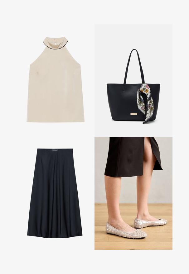 Beige, ærmeløs halterneck-top i glat stof med høj krave og lynlås bagpå, der har et minimalistisk design uden synlige mønstre.; Sort, knælang nederdel lavet af letvægtsstof med et svævende design. Har en glat tekstur og subtile plisseringer for en ekstra detalje.; Beige stæl ballet flats med en rund tå, der har en bueaccent, parret med en sort nederdel, vist på et trægulv.; Sort læder tote taske med to skulderremme, prydet med et blomsterprint silkeslør bundet om håndtaget og en metallisk logo detalje på forsiden.