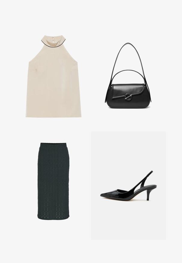 Beige, ærmeløs halterneck-top i glat stof med høj krave og lynlås bagpå, der har et minimalistisk design uden synlige mønstre.; Knælængde blyantskirt i mørkegrøn, lavet af struktureret strikstof med et geometrisk mønster og elastisk talje for komfort.; Sort laklæder slingback kitten heel sko med spids tå og lav, slank hæl på hvid baggrund.; Sort skuldertaske i læder med en buet klap, der er fastgjort med en rund metal spænde, og en slank, justerbar rem.
