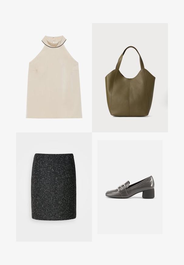 Beige sleeveless halterneck-topi sileässä kankaassa, korkealla kauluksella ja takassa vetoketjulla, minimalistisella muotoilulla ja ilman näkyviä kuvioita.; Mustat tweed-mini-hame, jossa on herringbone-kuvio, jämäkkä muoto ja teksturoitu kangas. Helma on suora ja siististi viimeistelty.; Musta nahkainen keskipitkä korkokengät pyöreällä kärjellä, jossa on koristeellinen solkisilmukkapanta ja teksturoitu pinta päällisessä.; Oliivivärinen nahkakassi, jossa on kaksoisremmit, sileä pinta ja neljän paneelin muotoilu. Vahvistettu ompelu saumoissa kestävyyden takaamiseksi.
