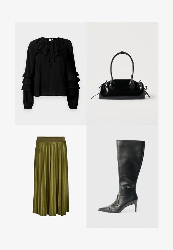 Blusa negra con cuello y mangas volantes. Hecha de una tela ligera, presenta puños elásticos y un corte relajado, con volantes decorativos en capas.; Falda midi plisada verde caqui con cintura elástica ancha y textura de tela suave.; Botas negras de cuero hasta la rodilla con tacón delgado, punta afilada y detalles de diseño con correas en el tobillo. Textura suave y diseño ajustado.; Pequeño bolso negro brillante con dos asas largas y detalles de cordón lateral sobre un fondo claro liso.