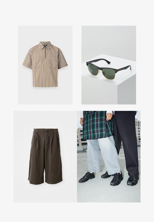 Chemise marron à manches courtes avec des rayures verticales blanches, un col, deux poches avant et une fermeture éclair partielle à l'avant.; Shorts à rayures marron avec une coupe ample. Fabriqués en tissu léger, ils présentent des plis et un ourlet à revers pour plus de détails.; Baskets de sport noires avec des accents en mesh et en caoutchouc. Portées avec un jean large gris clair et un haut à carreaux vert. Fond à surface plane.; Lunettes de soleil Ray-Ban avec des verres verts, monture en plastique noir et accents dorés sur les bords. Forme carrée avec une finition mate.