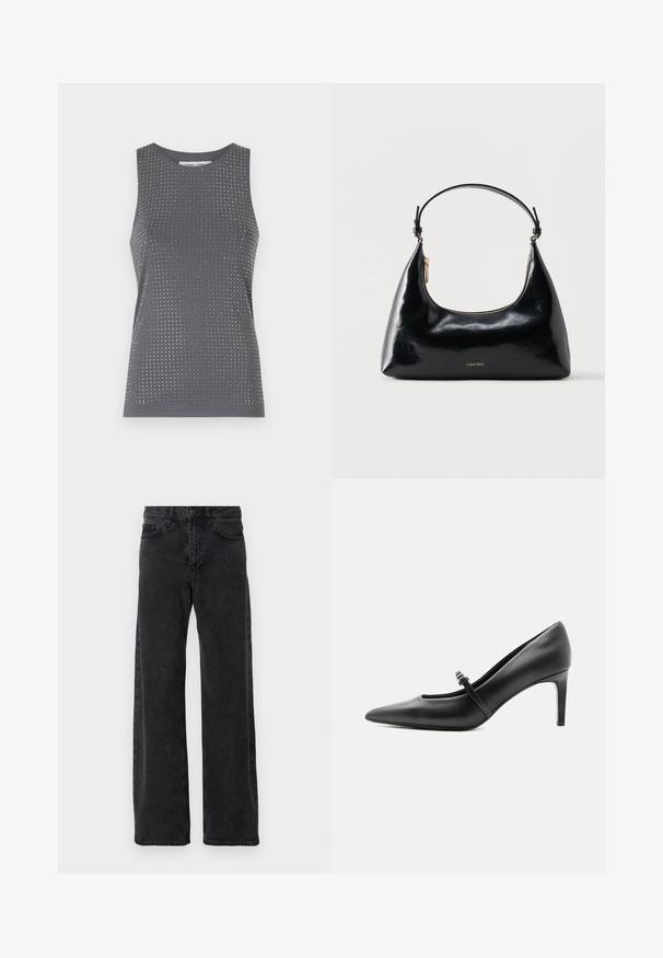 Grå ærmeløs top med rund hals, der har et struktureret mønster af små huller og sølvdetaljer i stoffet.; Sorte denimjeans med bred ben-design, der har en klassisk fem-lomme stil, knaplukning og diskret falmning.; Sort læderspids højhælede sko med tynd rem og spænde over vristen, stående på en neutral lys baggrund.; Sort blank Calvin Klein håndtaske med gyldent lynlås og kort rem mod en ensfarvet hvid baggrund.