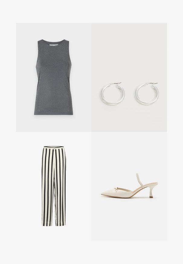 Top gris sin mangas con escote redondo, que presenta un patrón texturizado de pequeños agujeros y detalles plateados a lo largo de la tela.; Pantalones de rayas en blanco y negro con un diseño de pierna recta y una cinturilla elástica. Elaborados en una tela ligera con una textura suave.; ALDO NAILAH - Tacones - white/bone; Par de pendientes de aro plateados brillantes de tamaño mediano con cierres metálicos finos sobre un fondo neutro claro.
