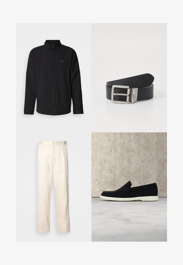 Schwarzes Langarmhemd mit Knopfleiste und Kragen; verfügt über dezentes "BOSS"-Logo in passendem Schwarz. Glattes Material mit taillierter Passform.; Beige Baumwollhose mit geradem Bein, ausgestattet mit einem Knopfverschluss und Falten an der Vorderseite für zusätzliche Details.; Schwarzer Slipper mit runder Zehenpartie, präsentiert sich mit einem strukturierten Obermaterial, glatter weißer Sohle und einem dezenten Branding-Detail an der Seite.; Schwarzer Leder-Gürtel mit einer rechteckigen silbernen Metallschnalle. Die Schnalle trägt den Markennamen "BOSS." Glatte Textur mit klaren Linien.