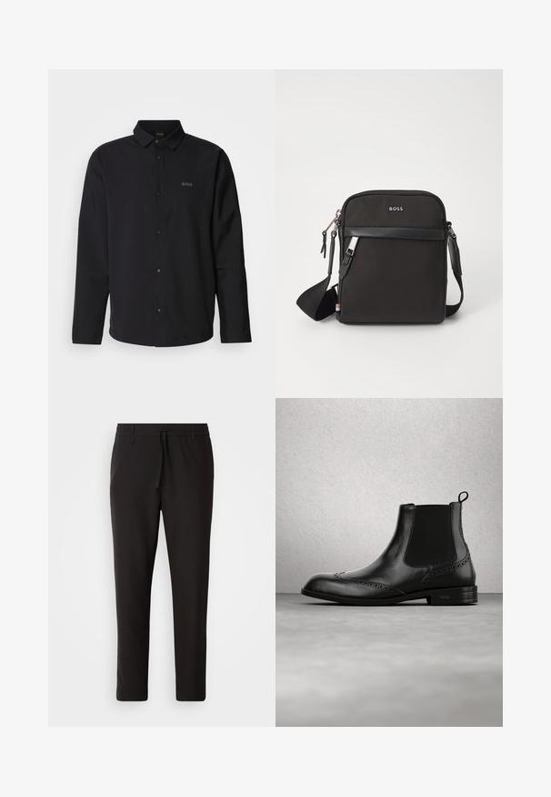 Chemise noire à manches longues avec un devant boutonné et un col ; présente un discret logo "BOSS" en noir assorti. Tissu lisse avec une coupe ajustée.; Pantalons de jogging noirs en tissu lisse. Dotés d'une taille élastique avec cordon de serrage, jambes fuselées, et sans poches visibles. Design simple.; Botte Chelsea en cuir noir avec des détails brogue, panneaux latéraux élastiques, languette de traction et petit talon, présentée en suspension au-dessus d'un sol d'intérieur moderne.; Sac bandoulière noir en tissu texturé, avec un logo sur le devant, fermeture éclair et une bandoulière réglable. Finitions en cuir lisse.