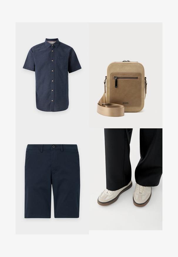 Herrenhemd mit kurzen Ärmeln aus dunkelblauem Stoff mit strukturiertem Muster, mit Kragen, Knopfleiste und einer Brusttasche.; Marineblaue Shorts aus Baumwollmischung, mit Knopfverschluss, Gürtelschlaufen und geradem Saum mit minimaler Gestaltung.; Füße mit beigen Sneakers mit braunen Sohlen und schwarzen Hosen mit weitem Bein auf weißem Hintergrund.; Kleine beige Umhängetasche mit vorderer Reißverschlusstasche, metallischem ALDO-Logo, verstellbarem breitem Riemen und abgerundeter rechteckiger Form vor weißem Hintergrund.