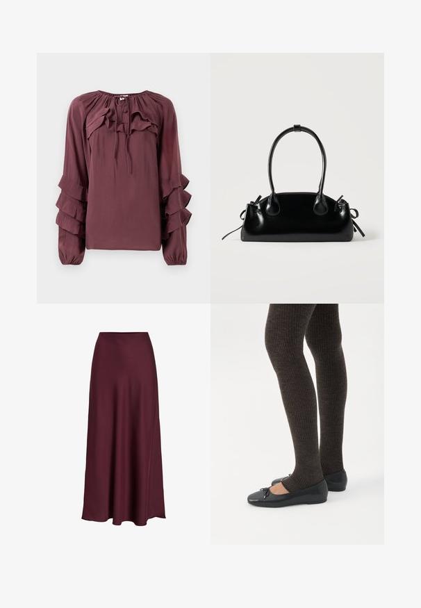 Bordeaux blouse met lange mouwen, met gelaagde ruches en een gathered halslijn. Gemaakt van lichtgewicht stof met een licht gestructureerde afwerking.; Bordeaux satijnen maxi rok met een zachte textuur, hoge taille en een vloeiende silhouet die zachtjes uitloopt naar de zoom.; Benen met donkere geribbelde leggings gecombineerd met zwarte ballerina's met kleine strikdetails op een witte achtergrond.; Kleine zwarte glanzende handtas met twee lange hengsels en zijkant trekkoord details op een effen lichte achtergrond.