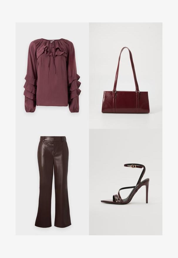 Blouse bordeaux à manches longues, avec des accents de volants superposés et un col froncé. Fabriquée en tissu léger avec une finition légèrement texturée.; Pantalons évasés en simili cuir marron avec une texture lisse, dotés d'une taille ceinturée et d'une fermeture éclair. Lignes épurées et silhouette élégante.; Sandale à talons hauts en cuir verni bourgogne avec une bride de cheville, bout pointu et trois bandes horizontales sur le pied. Détail de boucle dorée.; Sac à main bordeaux en matériau brillant, de forme rectangulaire, avec deux anses et des accents légèrement courbés à l'avant.