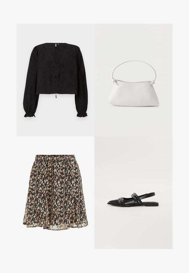 Schwarze, kurz geschnittene Bluse mit V-Ausschnitt, langen Puffärmel und einem Bindedetail vorne. Texturierter Stoff verleiht dem Design Tiefe.; Schwarzer Rock mit beigen und hellgrauen unregelmäßigen Flecken, elastischem Bund und einem fließenden, leicht ausgestellten Saum.; Even&Odd by Zalando Sling-Ballerina - black; Weiße gewebte Lederhandtasche mit abgerundetem Griff und verknoteten Riemenenden, vor schlichtem Hintergrund präsentiert.